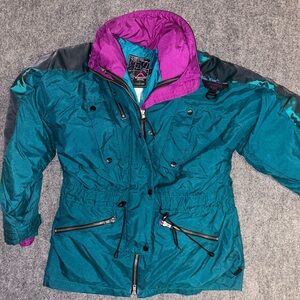 Vintage‎ 80s 90s Mountain Goat Ski Coat Teal Purple Colorblock Nylon Retro M